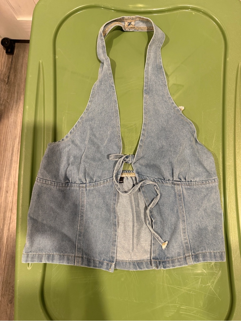 Amazon Light Blue Denim Halter Tie-Front Crop Top